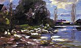 Alexander Koester Canvas Paintings - Ducks on a Riverbank on a Sunny Afternoon